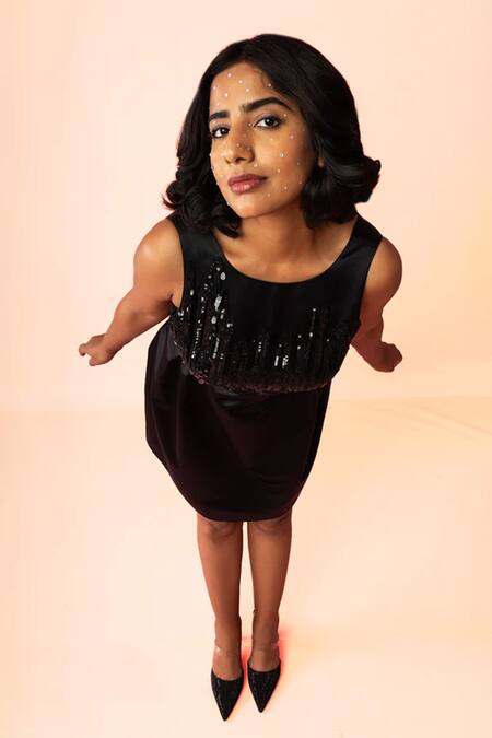 Pocket Stories_Black Satin Sequins Scoop Neck Chic Pegged Dress _Online_at_Aza_Fashions
