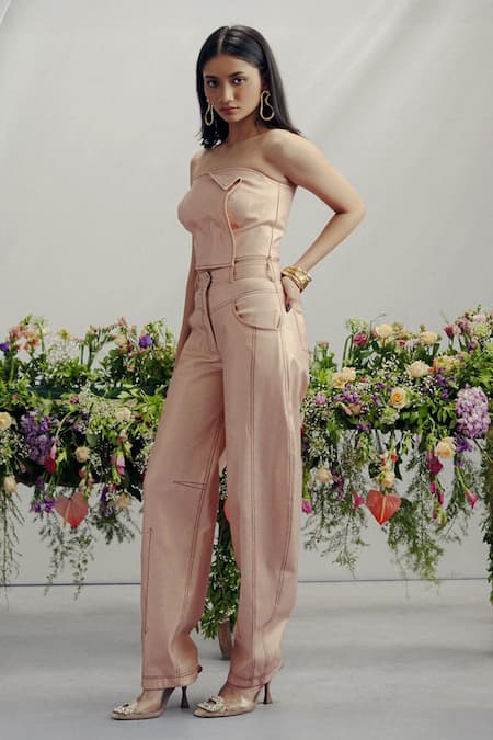 Pocket Stories_Rose Gold Denim Embroidery Asymmetric Ruche Shimmer Set _Online_at_Aza_Fashions