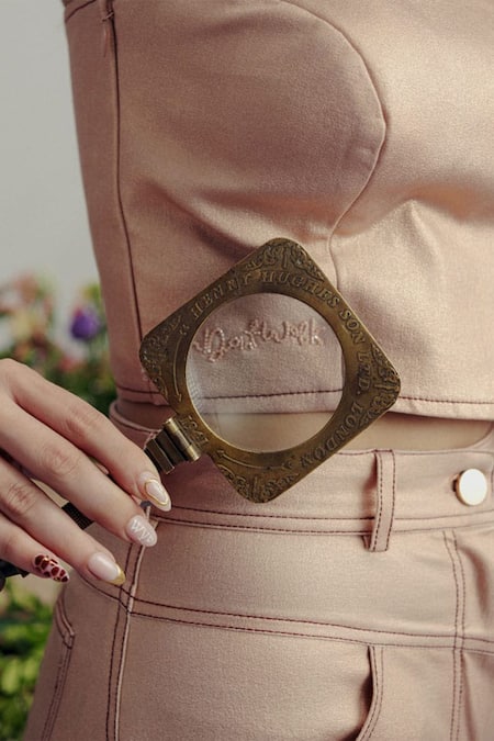 Buy_Pocket Stories_Rose Gold Denim Embroidery Asymmetric Ruche Shimmer Set _Online_at_Aza_Fashions