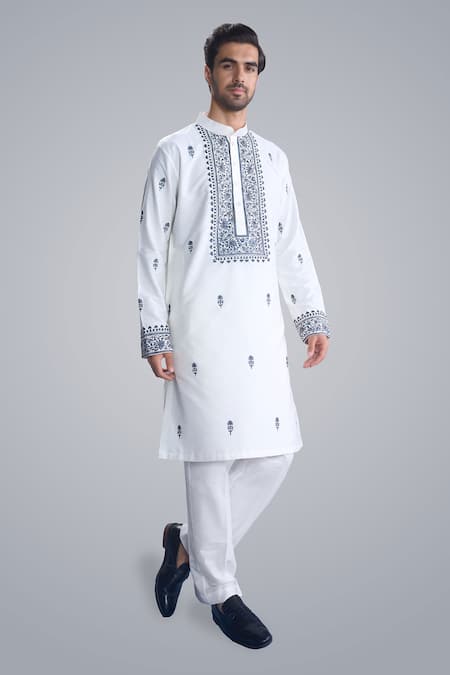 Sanjev Marwaaha_Ivory Cotton, Silk Embroidery Kurta Pant Set _Online_at_Aza_Fashions