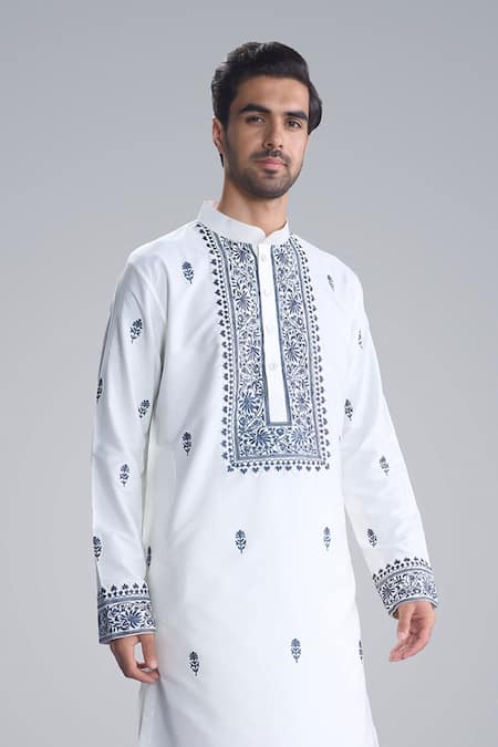 Buy_Sanjev Marwaaha_Ivory Cotton, Silk Embroidery Kurta Pant Set _Online_at_Aza_Fashions