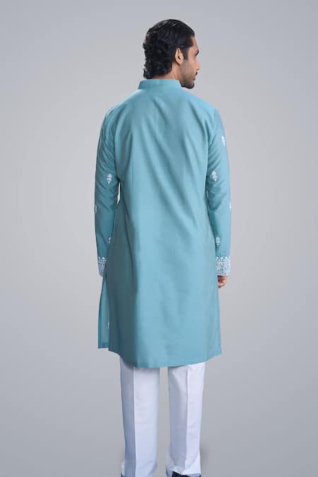 Sanjev Marwaaha Teal Embroidered Kurta Set 