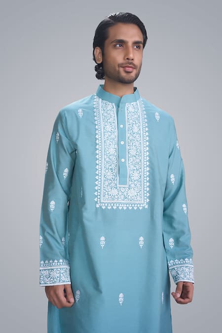 Buy Sanjev Marwaaha Teal Cotton, Silk Embroidery Kurta Set Online at Aza Fashions Buy_Sanjev Marwaaha_Teal Cotton, Silk Embroidery Kurta Set _Online_at_Aza_Fashions