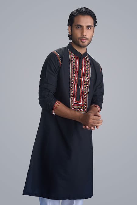 Sanjev Marwaaha_Black Cotton, Silk Embroidery Kurta Set _Online_at_Aza_Fashions