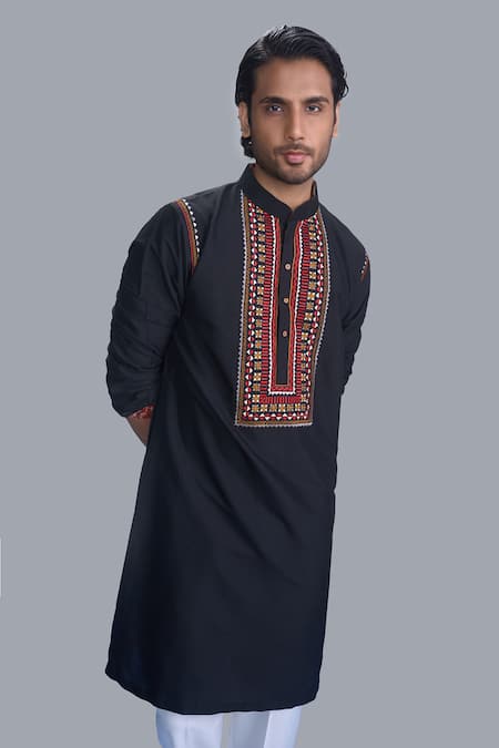 Buy_Sanjev Marwaaha_Black Cotton, Silk Embroidery Kurta Set _Online_at_Aza_Fashions