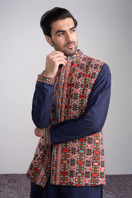 Sanjev Marwaaha_Navy Cotton, Silk Embroidery Blue Kurta Set _Online_at_Aza_Fashions