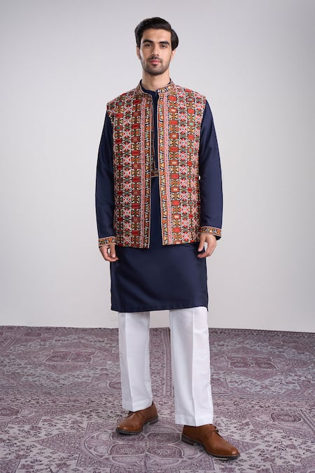 Sanjev Marwaaha Navy Blue Cotton Silk Kurta Set 