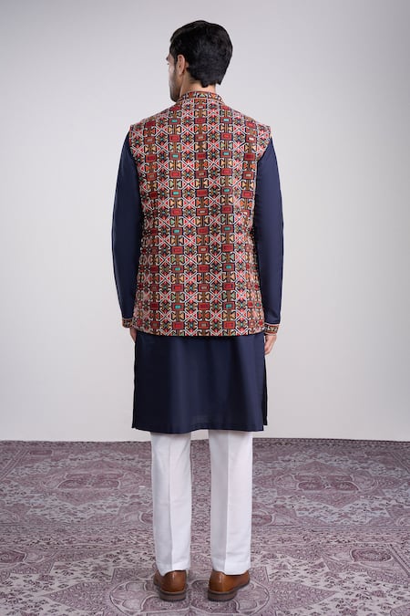 Sanjev Marwaaha Navy Blue Cotton Silk Kurta Set 
