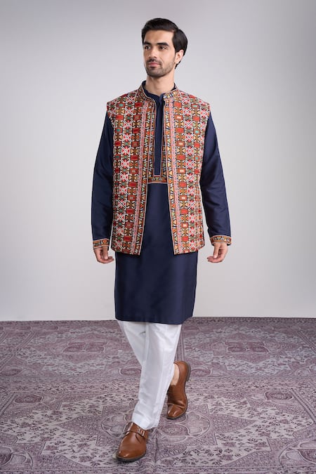 Buy_Sanjev Marwaaha_Navy Cotton, Silk Embroidery Blue Kurta Set _Online_at_Aza_Fashions