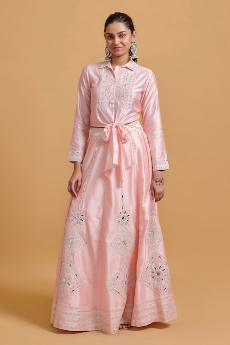Gulabo By Abu Sandeep_Pink Modal, Chanderi Sequins, Metallic Thread Collared Embroidered Placket Top _Online_at_Aza_Fashions