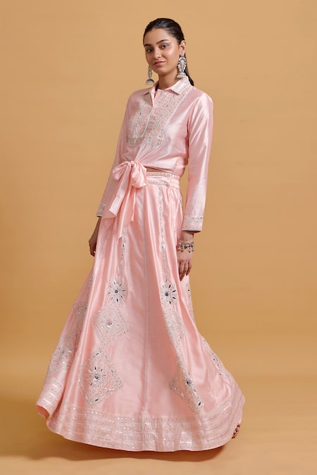 Buy_Gulabo By Abu Sandeep_Pink Modal, Chanderi Sequins, Metallic Thread Collared Embroidered Placket Top _Online_at_Aza_Fashions