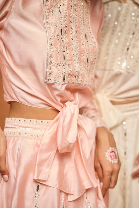 Shop_Gulabo By Abu Sandeep_Pink Modal, Chanderi Sequins, Metallic Thread Collared Embroidered Placket Top _Online_at_Aza_Fashions