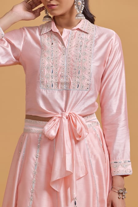 Gulabo By Abu Sandeep_Pink Modal, Chanderi Sequins, Metallic Thread Collared Embroidered Placket Top _at_Aza_Fashions