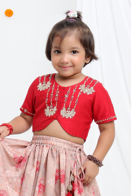 Little Brats_Beige Cotton, Silk Tassels, Gota Patti, Sequins, Printed Lehenga And Blouse Set _Online_at_Aza_Fashions