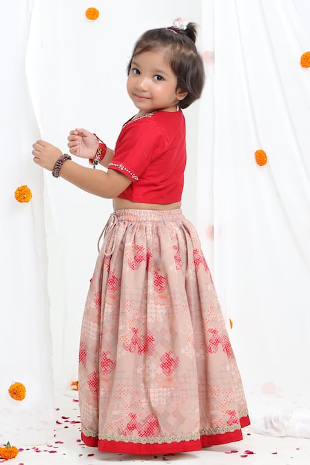 Buy_Little Brats_Beige Cotton, Silk Tassels, Gota Patti, Sequins, Printed Lehenga And Blouse Set _Online_at_Aza_Fashions