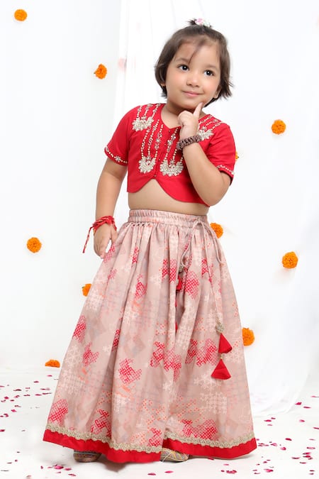 Little Brats_Beige Cotton, Silk Tassels, Gota Patti, Sequins, Printed Lehenga And Blouse Set _at_Aza_Fashions