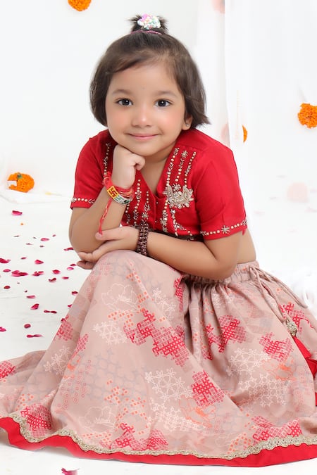 Buy_Little Brats_Beige Cotton, Silk Tassels, Gota Patti, Sequins, Printed Lehenga And Blouse Set 
