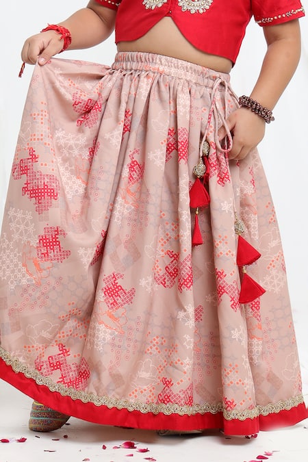 Shop_Little Brats_Beige Cotton, Silk Tassels, Gota Patti, Sequins, Printed Lehenga And Blouse Set 
