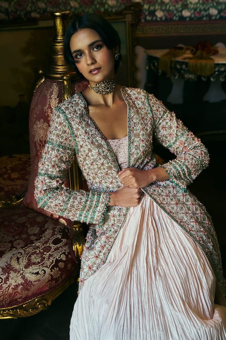 Supria Munjal_Peach , , Embroidery, Beads Round Neck Skirt Set _Online_at_Aza_Fashions