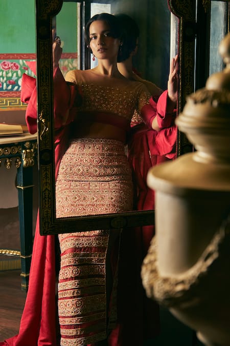 Supria Munjal_Red Organza Embroidery Round Neck Raspberry Wine Skirt And Blouse Set _Online_at_Aza_Fashions