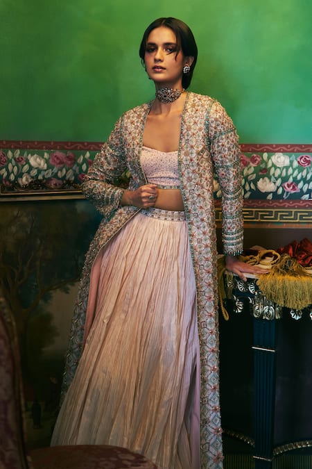 Supria Munjal Peach Chanderi Silk Skirt Set 