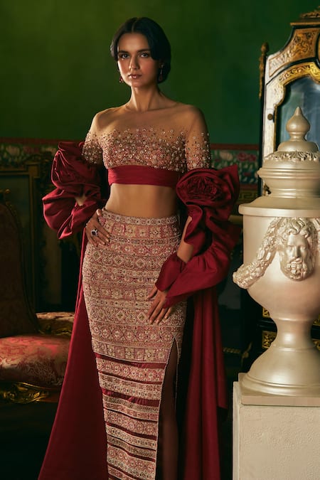 Supria Munjal Raspberry Wine Embroidered Skirt & Blouse Set 