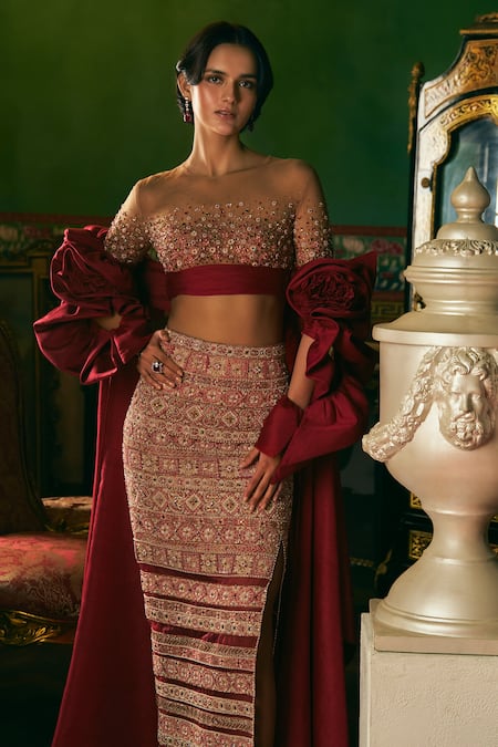 Supria Munjal Raspberry Wine Embroidered Skirt & Blouse Set 