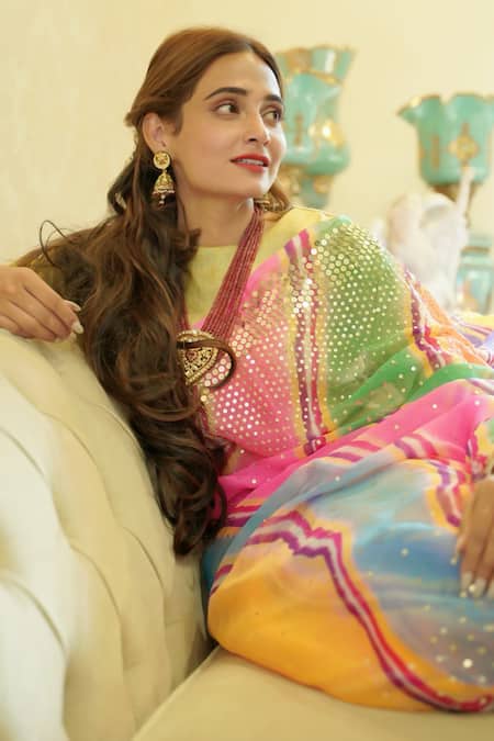 Ruar India_Multi Color Chiffon Sequins Round Neck Bhopalshahi Saree With Blouse _Online_at_Aza_Fashions