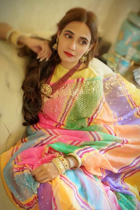 Buy_Ruar India_Multi Color Chiffon Sequins Round Neck Bhopalshahi Saree With Blouse _Online_at_Aza_Fashions