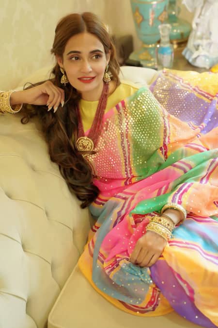 Shop_Ruar India_Multi Color Chiffon Sequins Round Neck Bhopalshahi Saree With Blouse _Online_at_Aza_Fashions