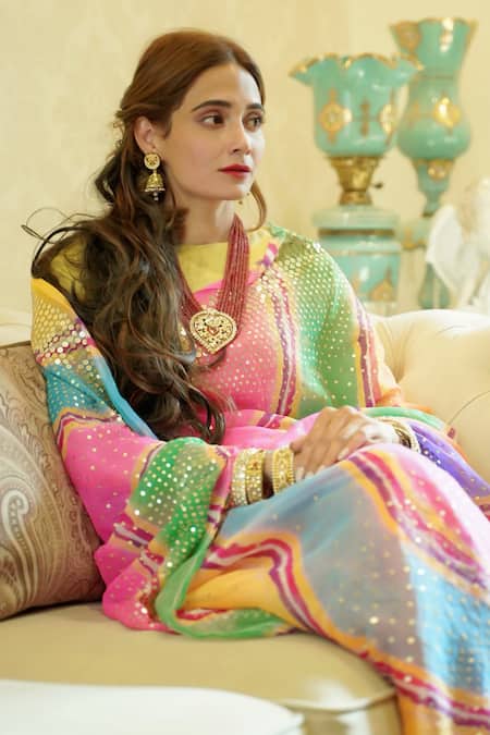 Ruar India_Multi Color Chiffon Sequins Round Neck Bhopalshahi Saree With Blouse _at_Aza_Fashions