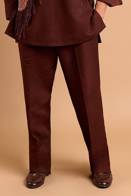 Rohit Doshi_Brown Cotton, Crepe, Rayon Paisley Embroidered Kurta And Pant Set _at_Aza_Fashions