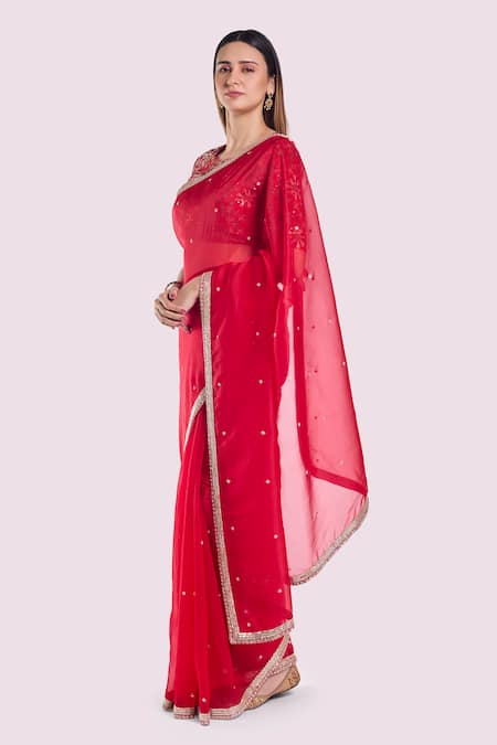 Onaya_Red Organza Sequins, Zari, Embroidery, Tikki And Cutdana Saree & Blouse Set _Online_at_Aza_Fashions