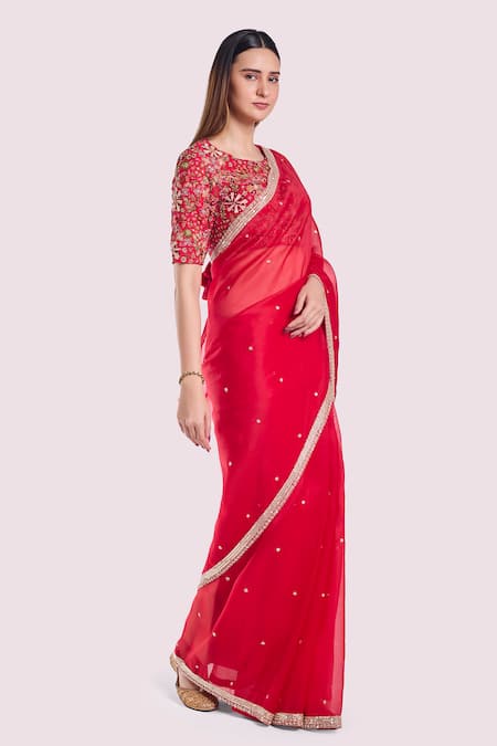 Buy_Onaya_Red Organza Sequins, Zari, Embroidery, Tikki And Cutdana Saree & Blouse Set _Online_at_Aza_Fashions