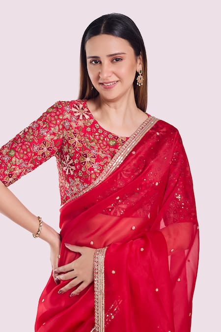 Shop_Onaya_Red Organza Sequins, Zari, Embroidery, Tikki And Cutdana Saree & Blouse Set _Online_at_Aza_Fashions