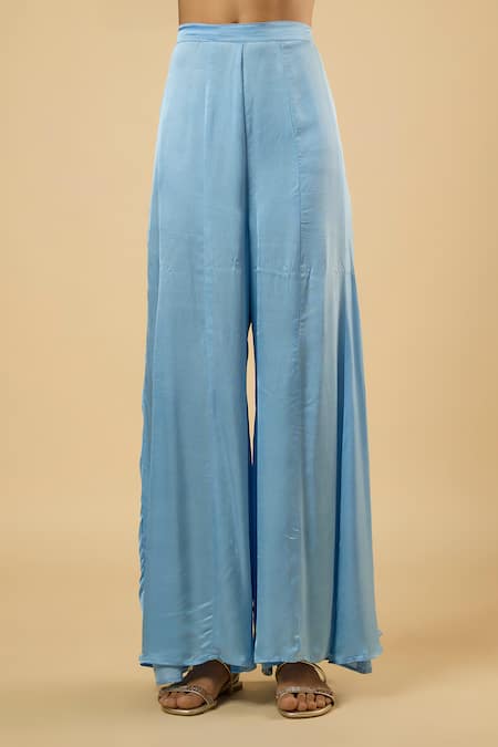 Dori & CO._Aqua Georgette, Satin Mirrors, Embroidery V-neck Embellished Tunic Sharara Set _Online_at_Aza_Fashions