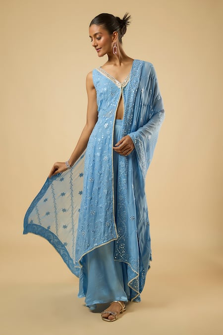 Buy_Dori & CO._Aqua Georgette, Satin Mirrors, Embroidery V-neck Embellished Tunic Sharara Set _Online_at_Aza_Fashions
