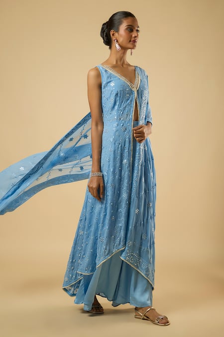 Shop_Dori & CO._Aqua Georgette, Satin Mirrors, Embroidery V-neck Embellished Tunic Sharara Set _Online_at_Aza_Fashions