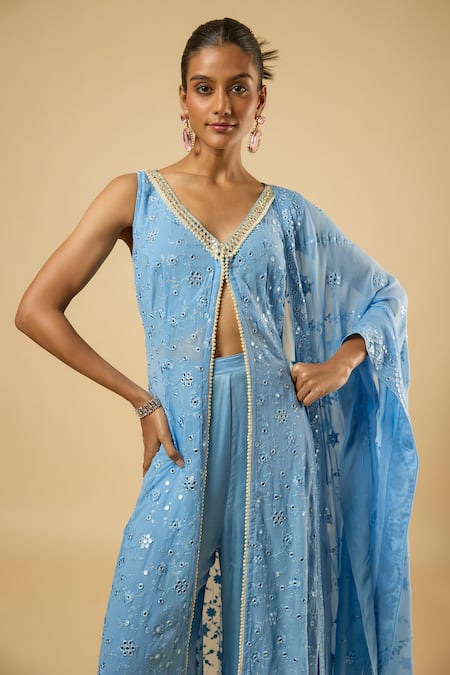 Dori & CO._Aqua Georgette, Satin Mirrors, Embroidery V-neck Embellished Tunic Sharara Set _at_Aza_Fashions