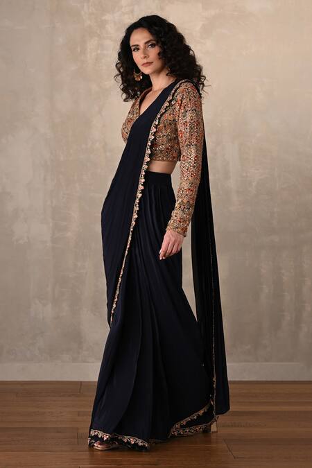Shop_Onaya_Peach Crepe Embroidery V-neck Blouse And Pre-draped Saree Set _Online_at_Aza_Fashions