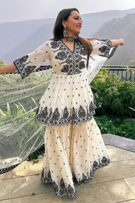 Shop_Preevin_Black Cotton, Net, Tulle Embroidery, Mirrors Damask Thread And Kurta Sharara Set 