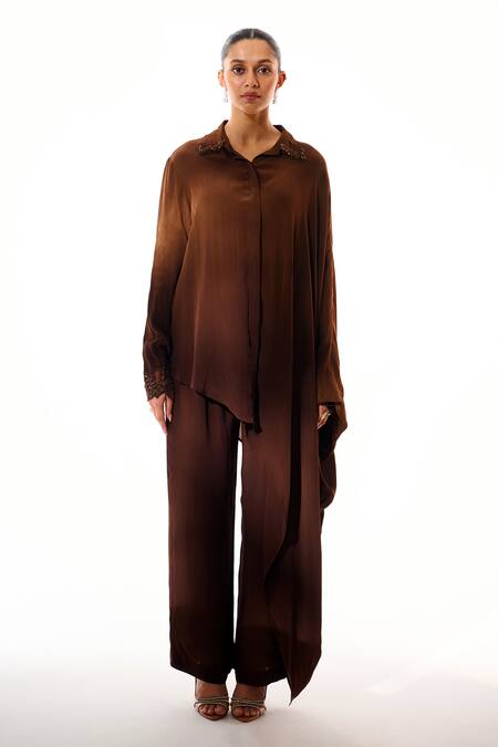 Sakshi Khetterpal_Brown Crepe Embroidery, Beads Collared, Button-down Neck And Cuff Shirt With Pant _Online_at_Aza_Fashions
