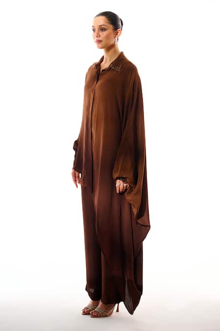 Buy_Sakshi Khetterpal_Brown Crepe Embroidery, Beads Collared, Button-down Neck And Cuff Shirt With Pant _Online_at_Aza_Fashions