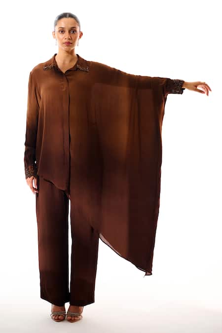 Shop_Sakshi Khetterpal_Brown Crepe Embroidery, Beads Collared, Button-down Neck And Cuff Shirt With Pant _Online_at_Aza_Fashions