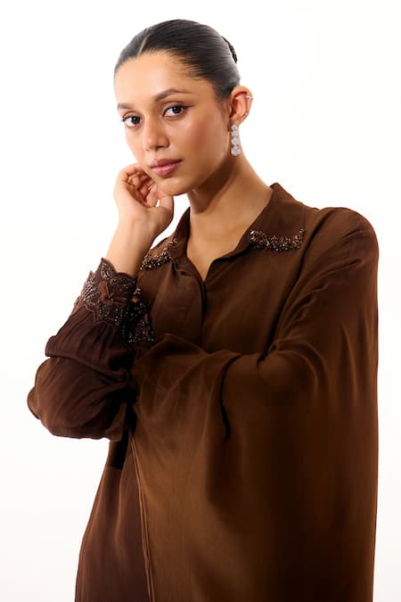 Sakshi Khetterpal_Brown Crepe Embroidery, Beads Collared, Button-down Neck And Cuff Shirt With Pant _at_Aza_Fashions