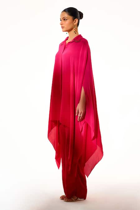 Sakshi Khetterpal_Pink Crepe Embroidery Collared Hand Kaftan Shirt And Pant Set _Online_at_Aza_Fashions