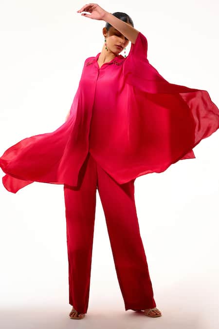 Buy_Sakshi Khetterpal_Pink Crepe Embroidery Collared Hand Kaftan Shirt And Pant Set _Online_at_Aza_Fashions