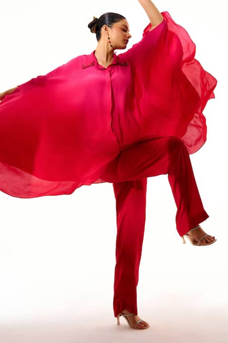 Shop_Sakshi Khetterpal_Pink Crepe Embroidery Collared Hand Kaftan Shirt And Pant Set _Online_at_Aza_Fashions