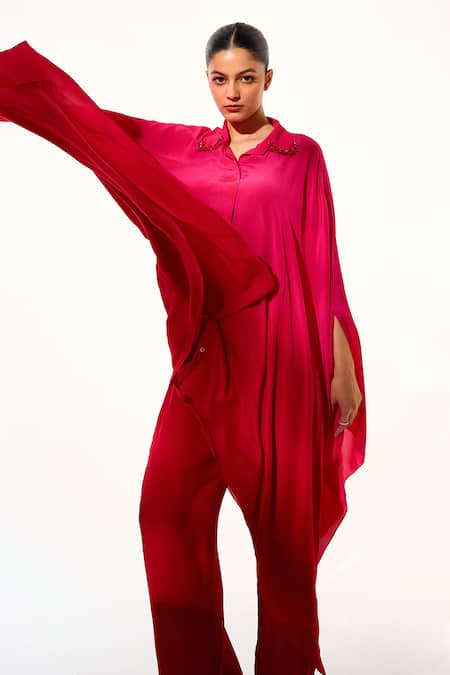 Sakshi Khetterpal_Pink Crepe Embroidery Collared Hand Kaftan Shirt And Pant Set _at_Aza_Fashions