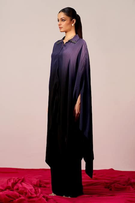 Sakshi Khetterpal_Blue Crepe Beads Collared, V-neck Ombre Hand Embroidered Shirt And Pant Set _Online_at_Aza_Fashions